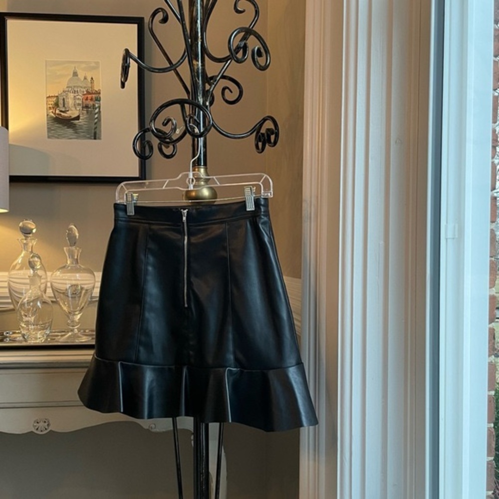 Black Faux Leather Skirt with Ruffle Hem